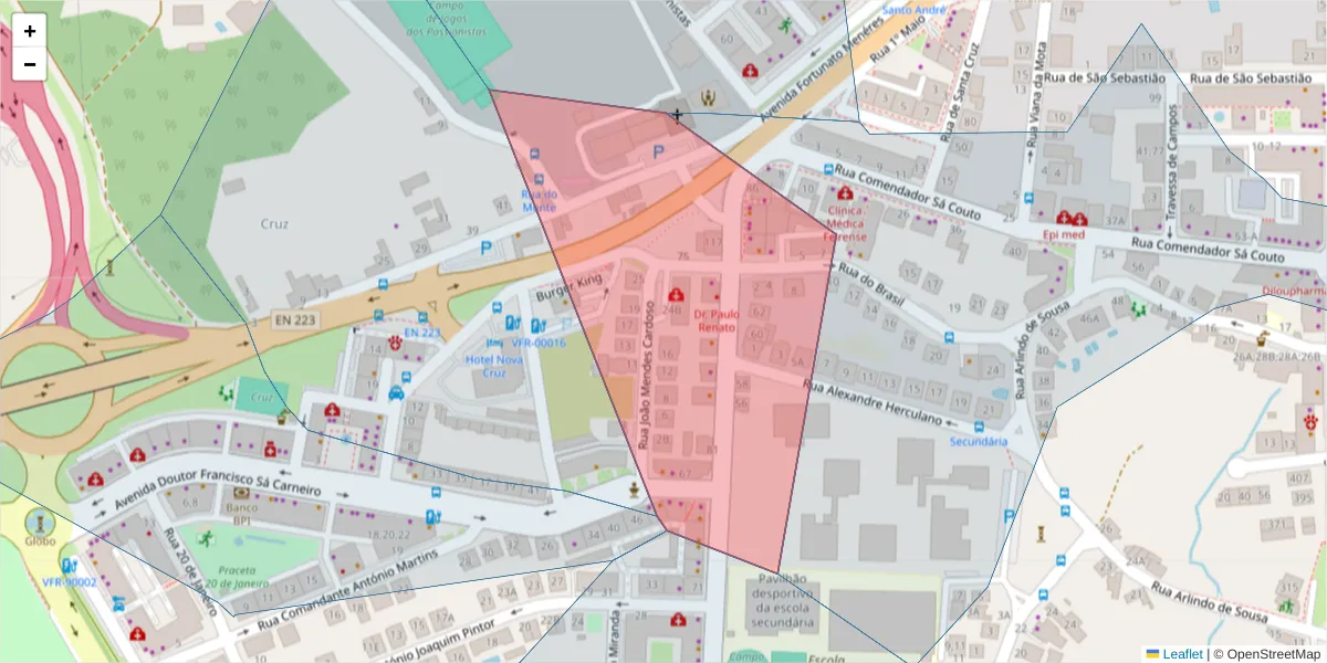 Mapa detalhado do código postal 4520-247 com limites, códigos postais vizinhos e agências dos correios