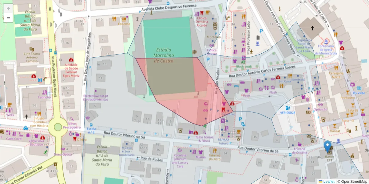 Mapa detalhado do código postal 4520-248 com limites, códigos postais vizinhos e agências dos correios
