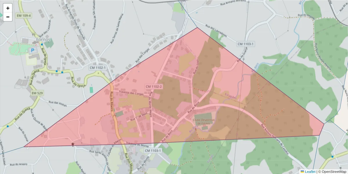 Mapa detalhado do código postal 4520-320 com limites, códigos postais vizinhos e agências dos correios