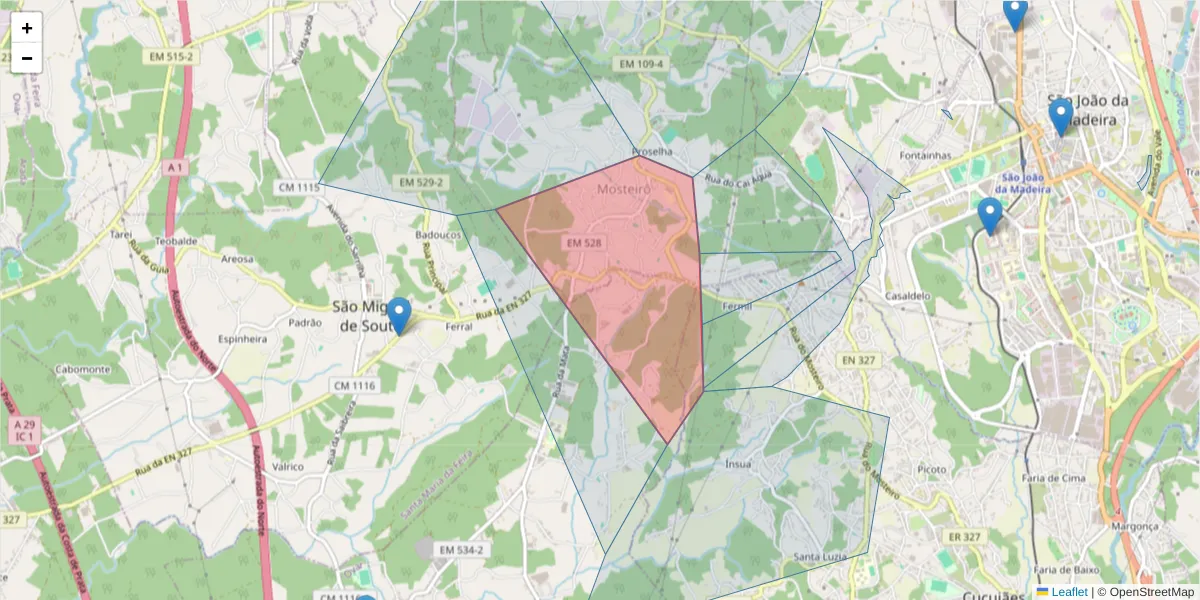 Mapa detalhado do código postal 4520-401 com limites, códigos postais vizinhos e agências dos correios