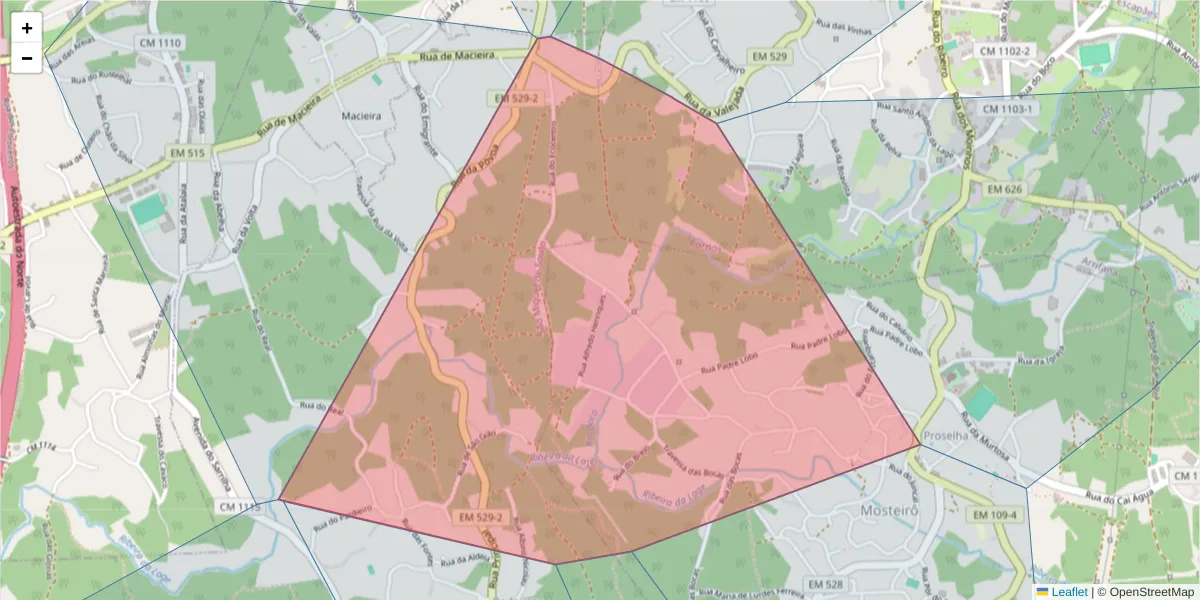 Mapa detalhado do código postal 4520-409 com limites, códigos postais vizinhos e agências dos correios
