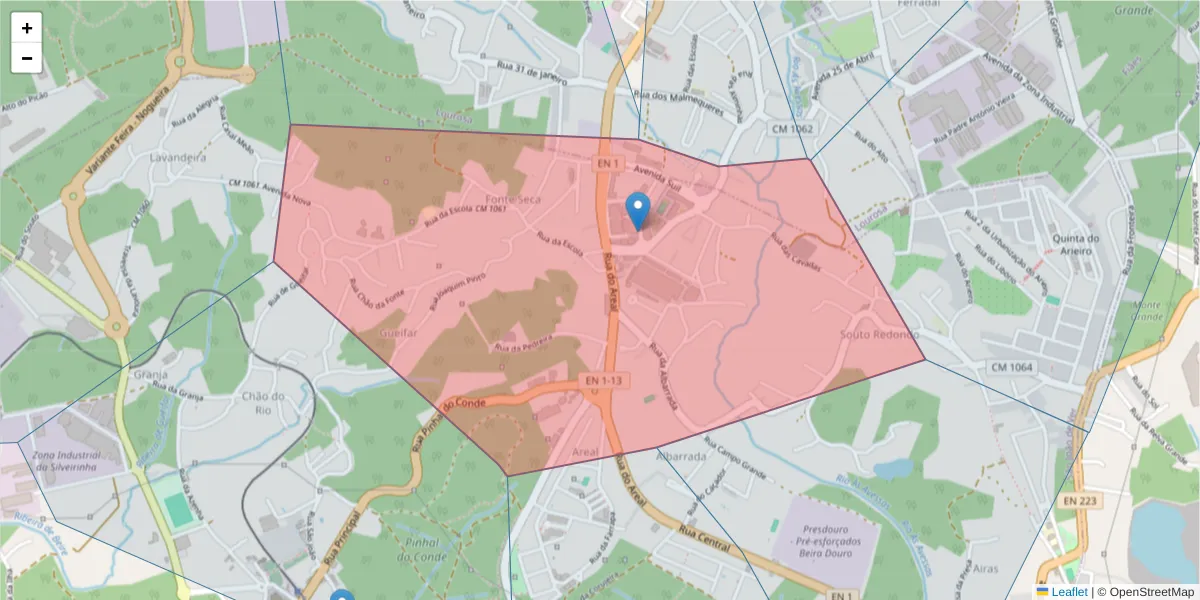 Mapa detalhado do código postal 4520-605 com limites, códigos postais vizinhos e agências dos correios