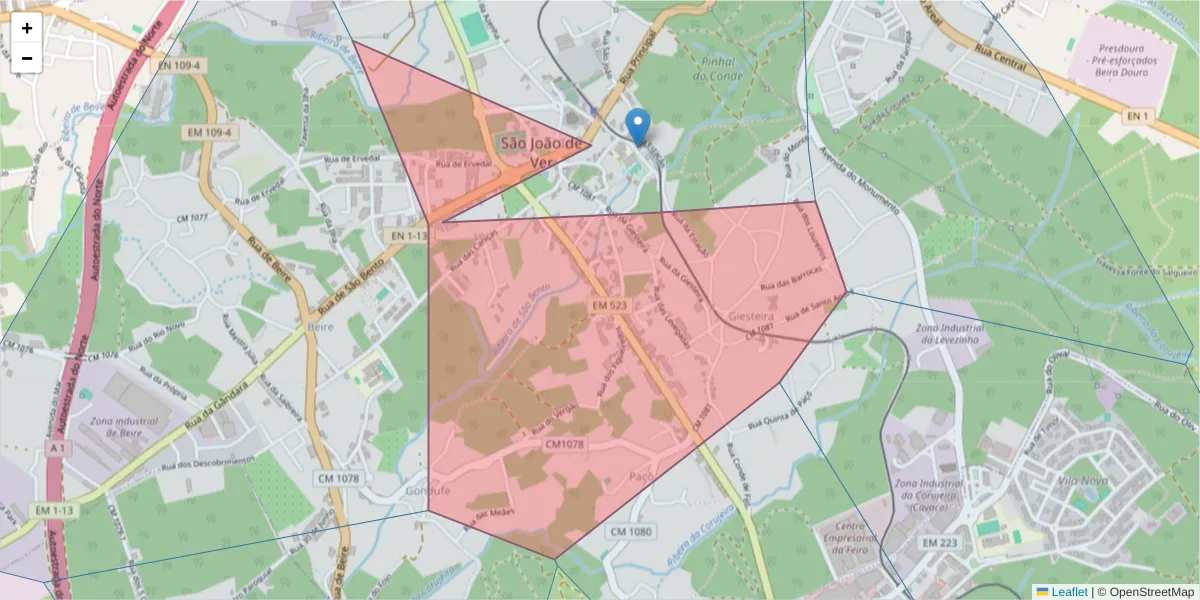 Mapa detalhado do código postal 4520-616 com limites, códigos postais vizinhos e agências dos correios