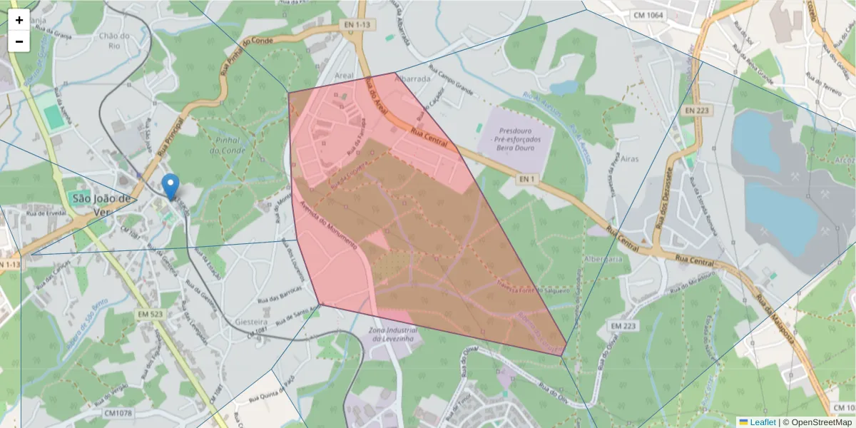 Mapa detalhado do código postal 4520-620 com limites, códigos postais vizinhos e agências dos correios