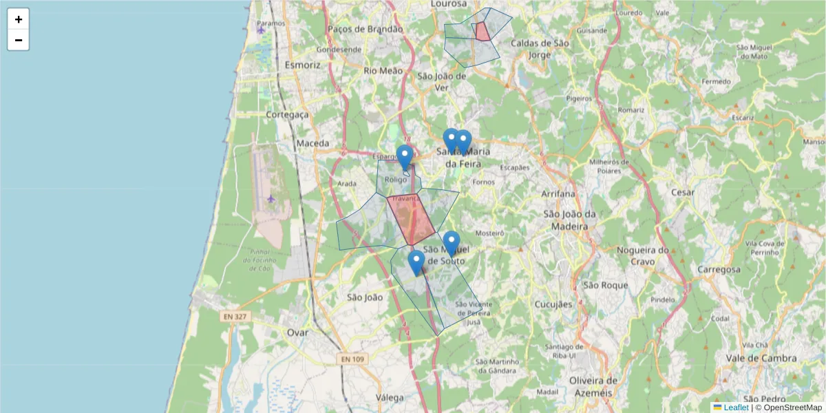 Mapa detalhado do código postal 4520-802 com limites, códigos postais vizinhos e agências dos correios