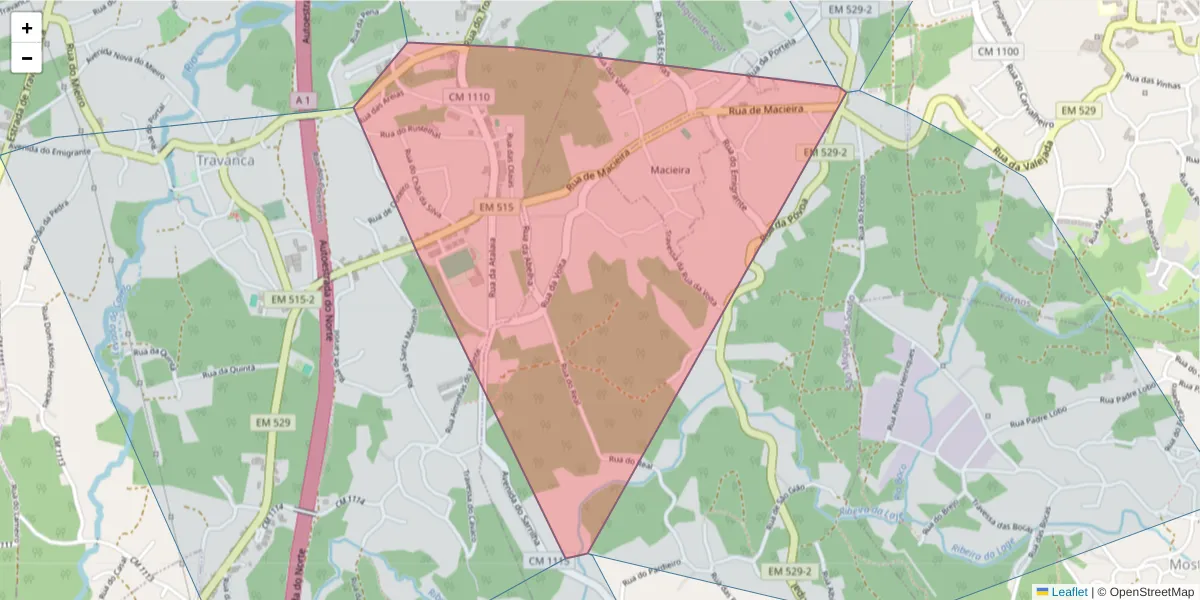 Mapa detalhado do código postal 4520-820 com limites, códigos postais vizinhos e agências dos correios
