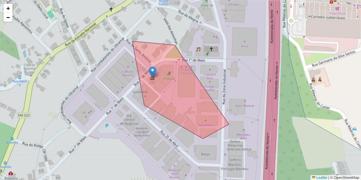 Mapa detalhado do código postal 4520-995 com limites, códigos postais vizinhos e agências dos correios