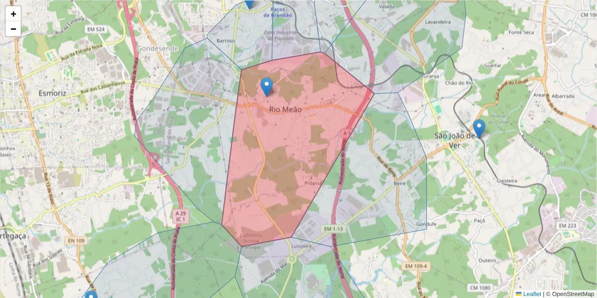 Mapa detalhado do código postal 4524-907 com limites, códigos postais vizinhos e agências dos correios