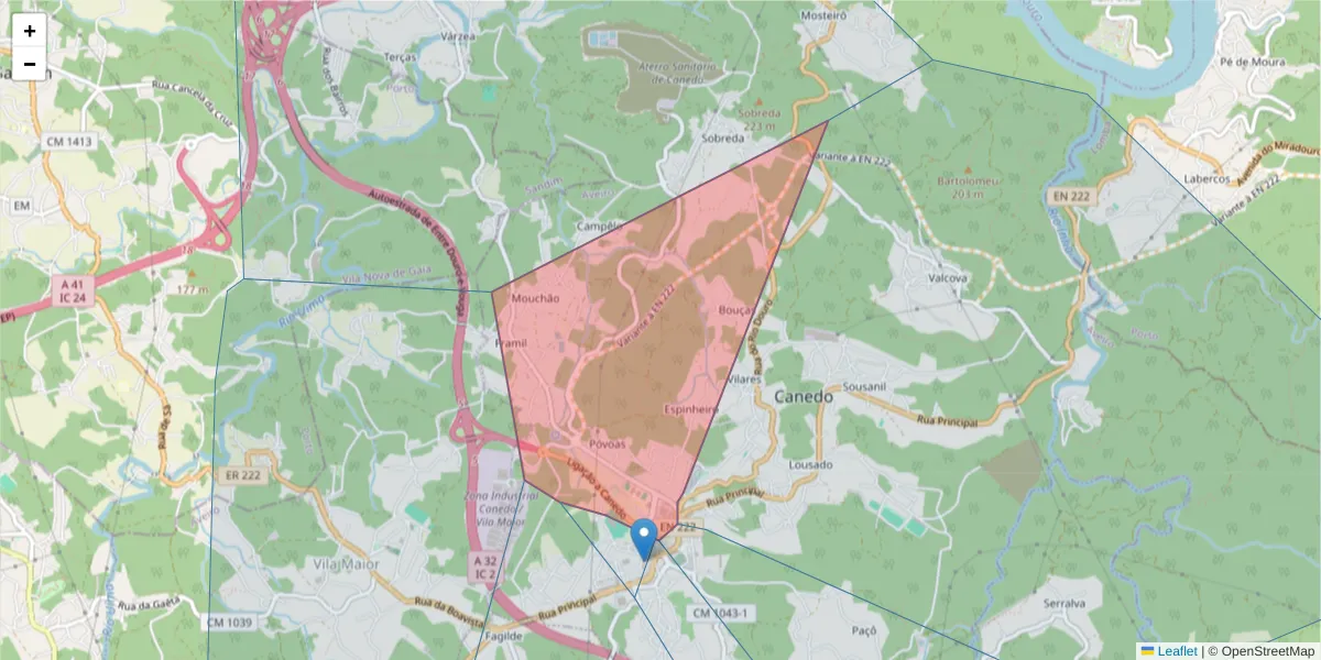 Mapa detalhado do código postal 4525-117 com limites, códigos postais vizinhos e agências dos correios