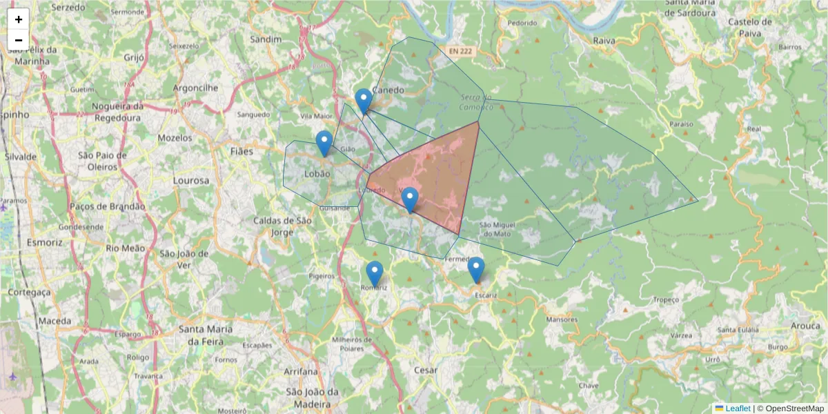 Mapa detalhado do código postal 4525-403 com limites, códigos postais vizinhos e agências dos correios