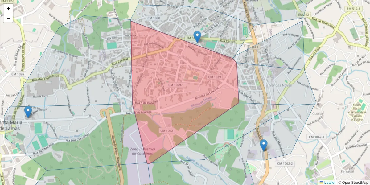 Mapa detalhado do código postal 4535-085 com limites, códigos postais vizinhos e agências dos correios