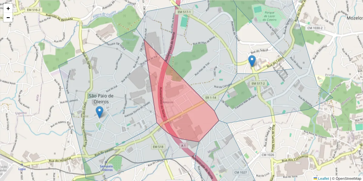 Mapa detalhado do código postal 4535-186 com limites, códigos postais vizinhos e agências dos correios