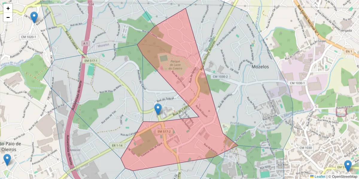 Mapa detalhado do código postal 4535-211 com limites, códigos postais vizinhos e agências dos correios