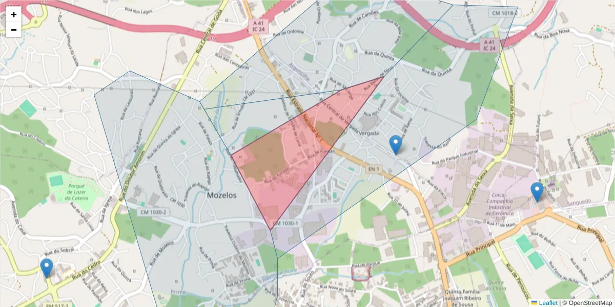 Mapa detalhado do código postal 4535-263 com limites, códigos postais vizinhos e agências dos correios
