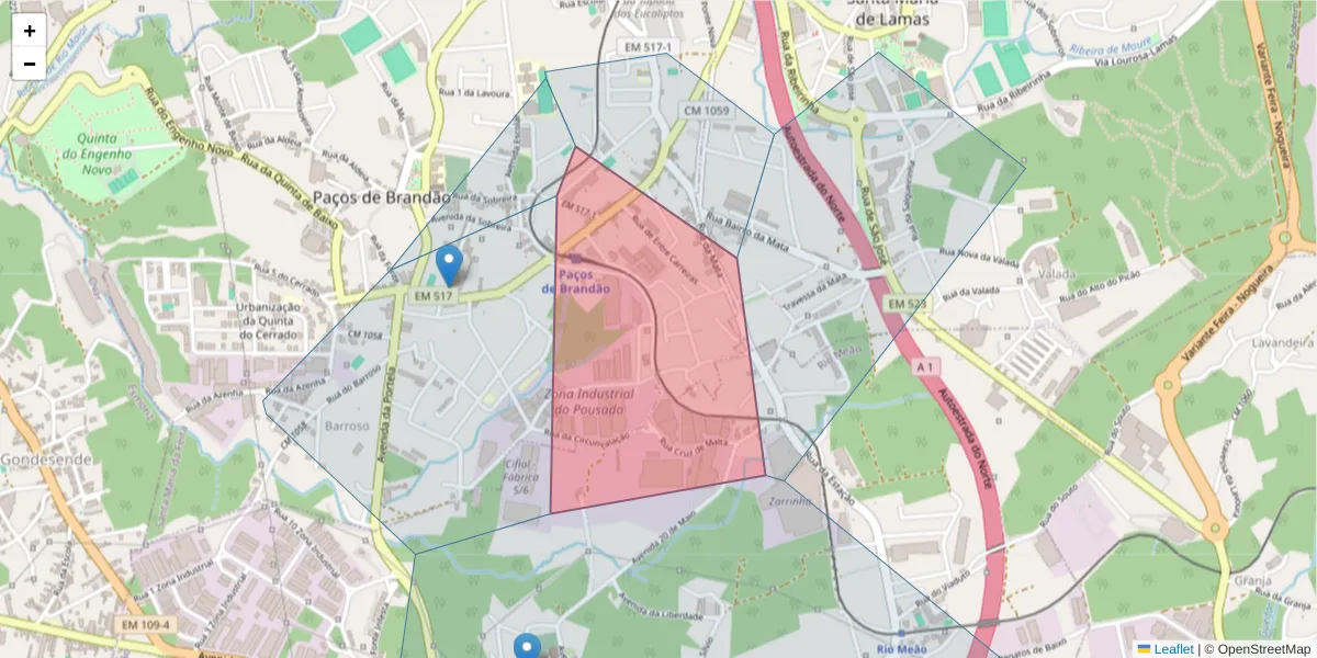 Mapa detalhado do código postal 4535-268 com limites, códigos postais vizinhos e agências dos correios