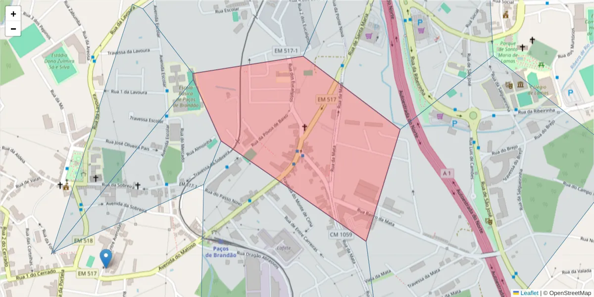 Mapa detalhado do código postal 4535-293 com limites, códigos postais vizinhos e agências dos correios