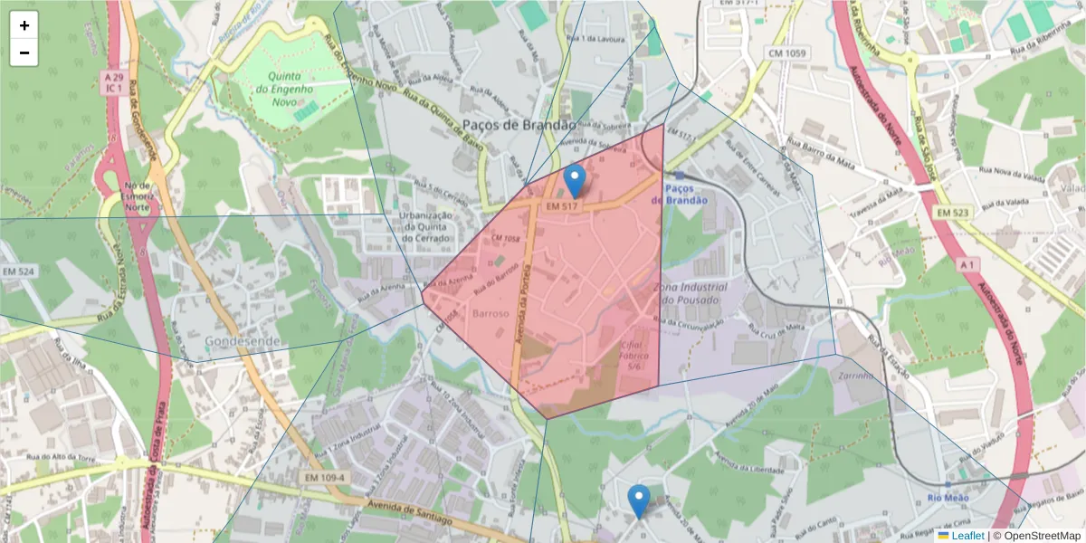 Mapa detalhado do código postal 4535-334 com limites, códigos postais vizinhos e agências dos correios