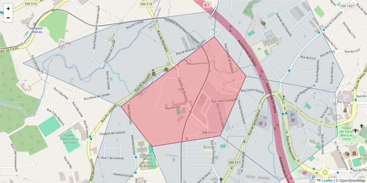 Mapa detalhado do código postal 4535-335 com limites, códigos postais vizinhos e agências dos correios
