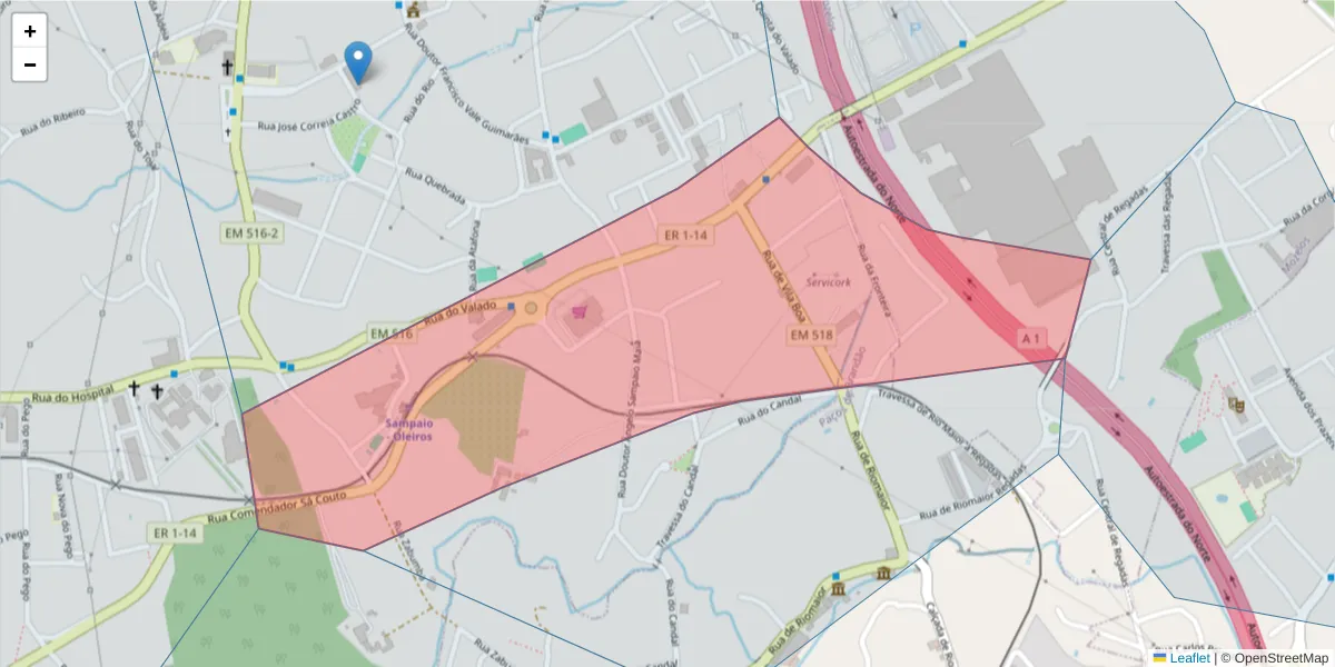 Mapa detalhado do código postal 4535-457 com limites, códigos postais vizinhos e agências dos correios