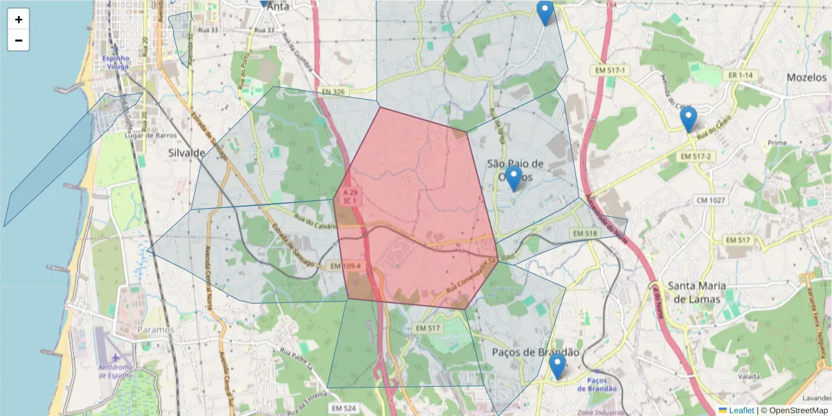 Mapa detalhado do código postal 4535-471 com limites, códigos postais vizinhos e agências dos correios