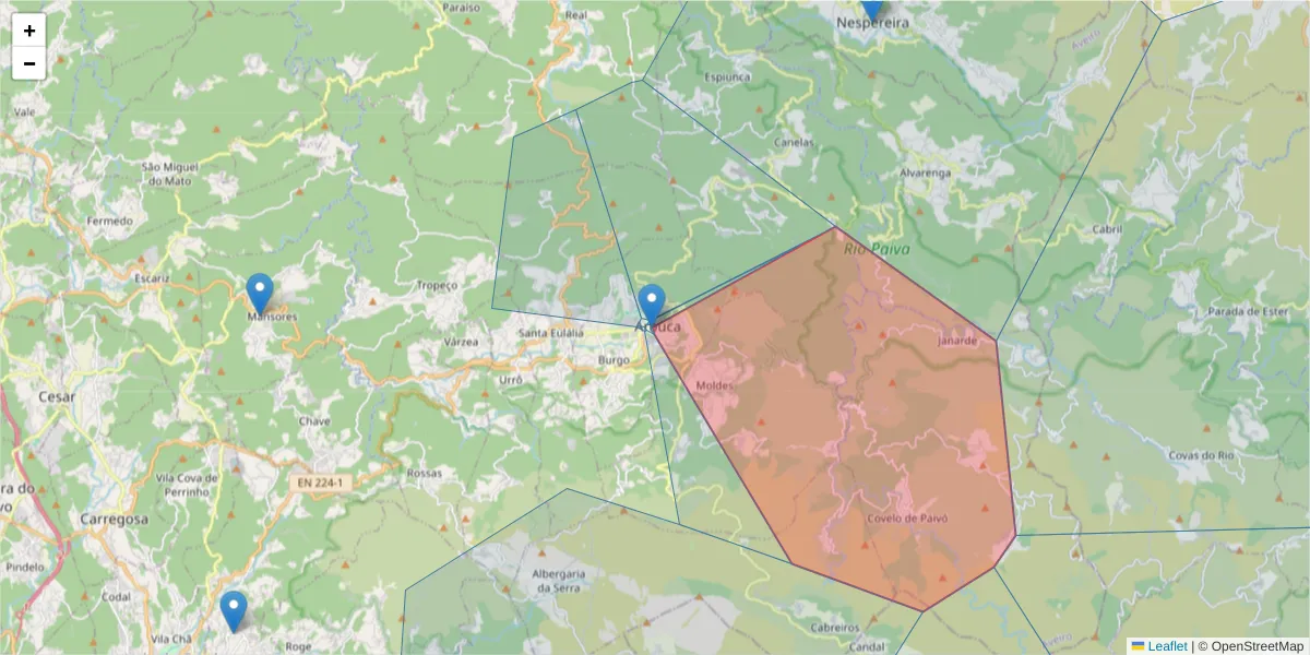 Mapa detalhado do código postal 4540-106 com limites, códigos postais vizinhos e agências dos correios