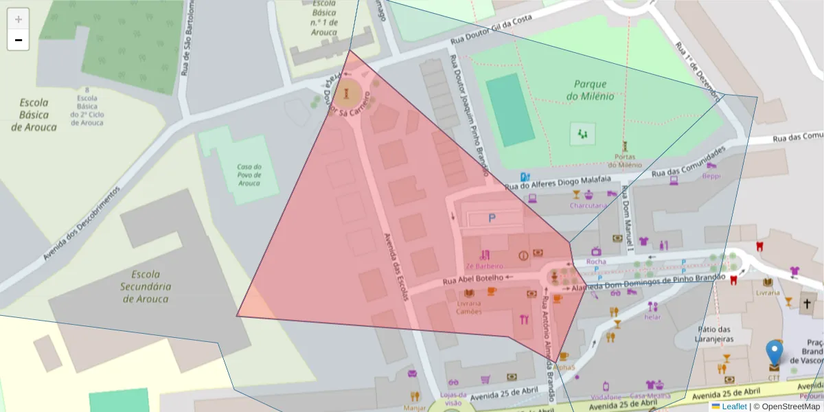 Mapa detalhado do código postal 4540-114 com limites, códigos postais vizinhos e agências dos correios