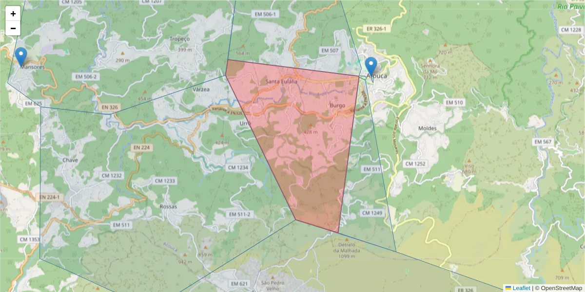 Mapa detalhado do código postal 4540-150 com limites, códigos postais vizinhos e agências dos correios