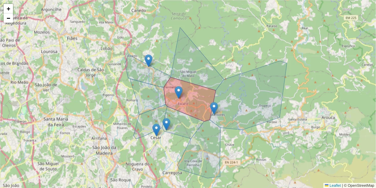 Mapa detalhado do código postal 4540-320 com limites, códigos postais vizinhos e agências dos correios