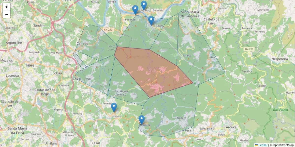 Mapa detalhado do código postal 4540-371 com limites, códigos postais vizinhos e agências dos correios
