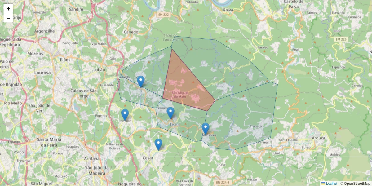Mapa detalhado do código postal 4540-573 com limites, códigos postais vizinhos e agências dos correios