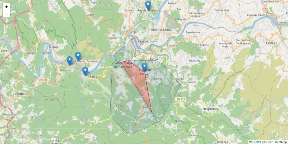 Mapa detalhado do código postal 4550-102 com limites, códigos postais vizinhos e agências dos correios