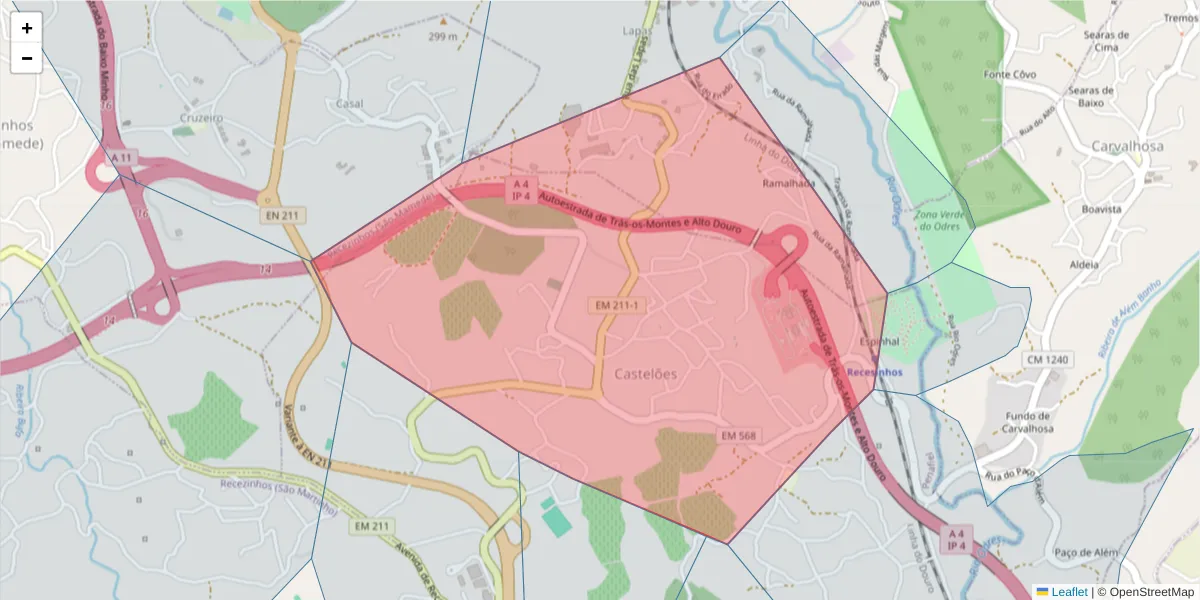 Mapa detalhado do código postal 4560-055 com limites, códigos postais vizinhos e agências dos correios