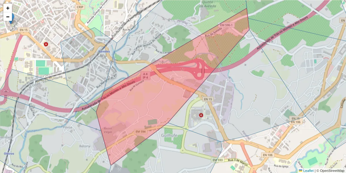 Mapa detalhado do código postal 4560-101 com limites, códigos postais vizinhos e agências dos correios