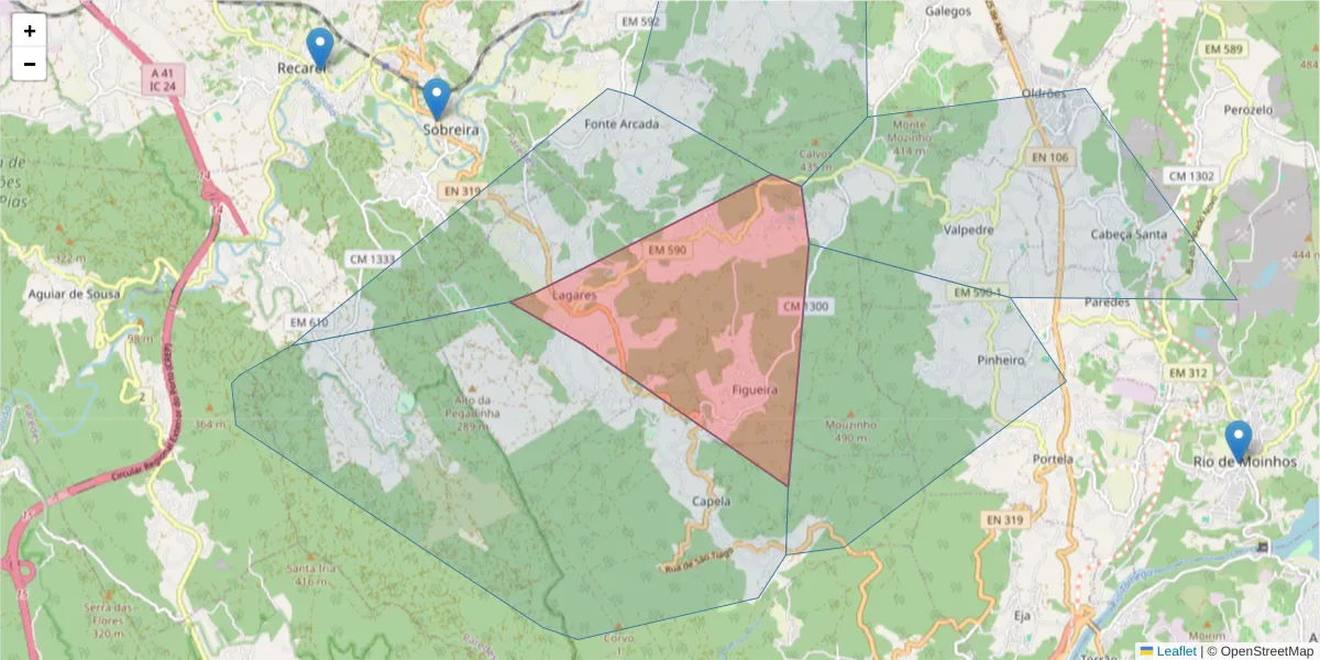 Mapa detalhado do código postal 4560-182 com limites, códigos postais vizinhos e agências dos correios