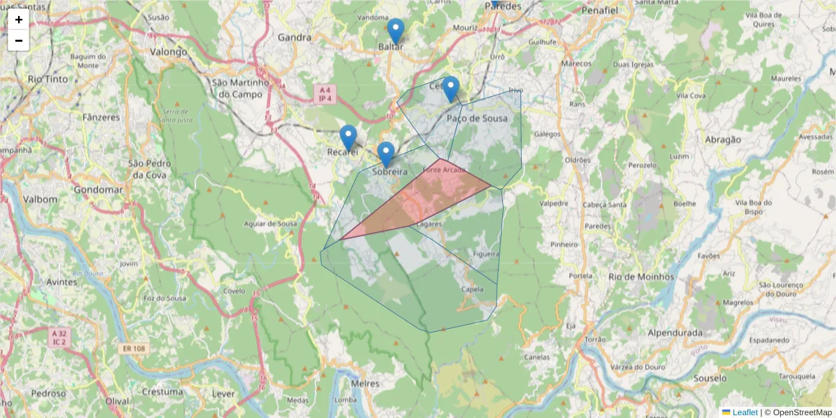 Mapa detalhado do código postal 4560-195 com limites, códigos postais vizinhos e agências dos correios