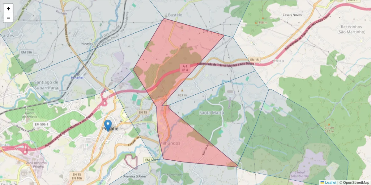 Mapa detalhado do código postal 4560-232 com limites, códigos postais vizinhos e agências dos correios