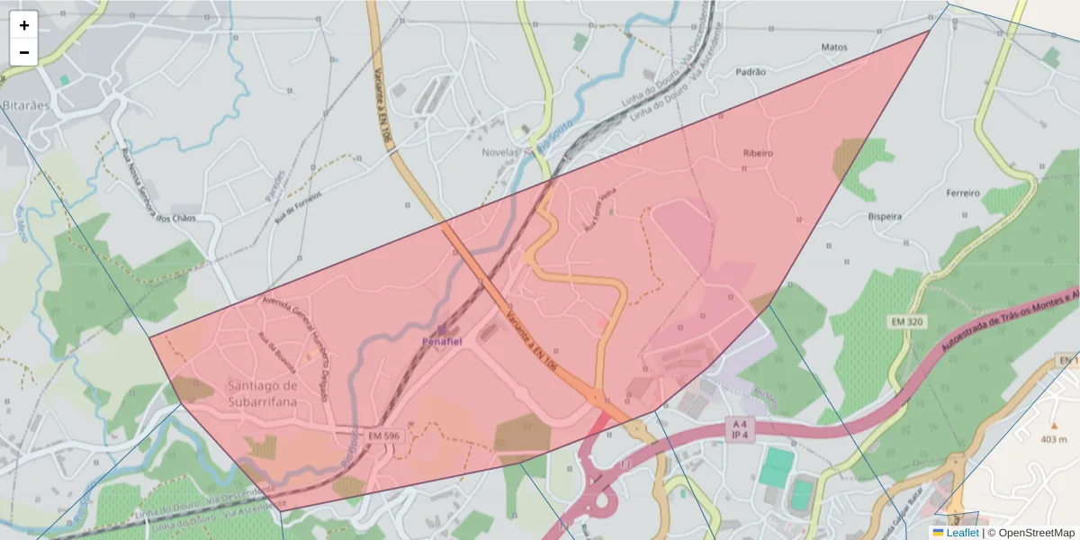 Mapa detalhado do código postal 4560-265 com limites, códigos postais vizinhos e agências dos correios