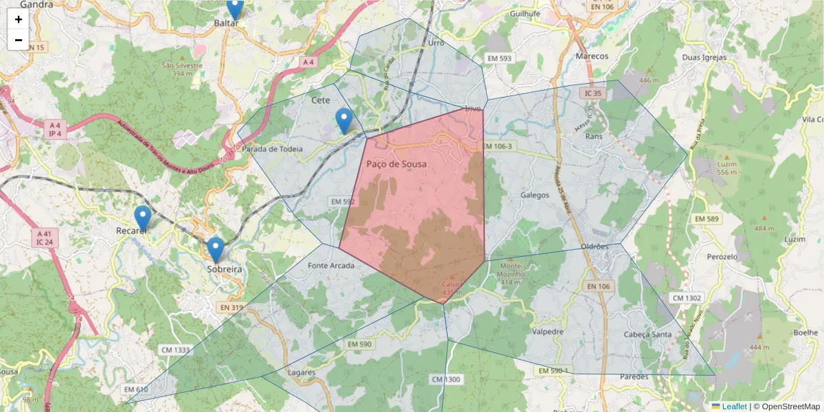 Mapa detalhado do código postal 4560-404 com limites, códigos postais vizinhos e agências dos correios