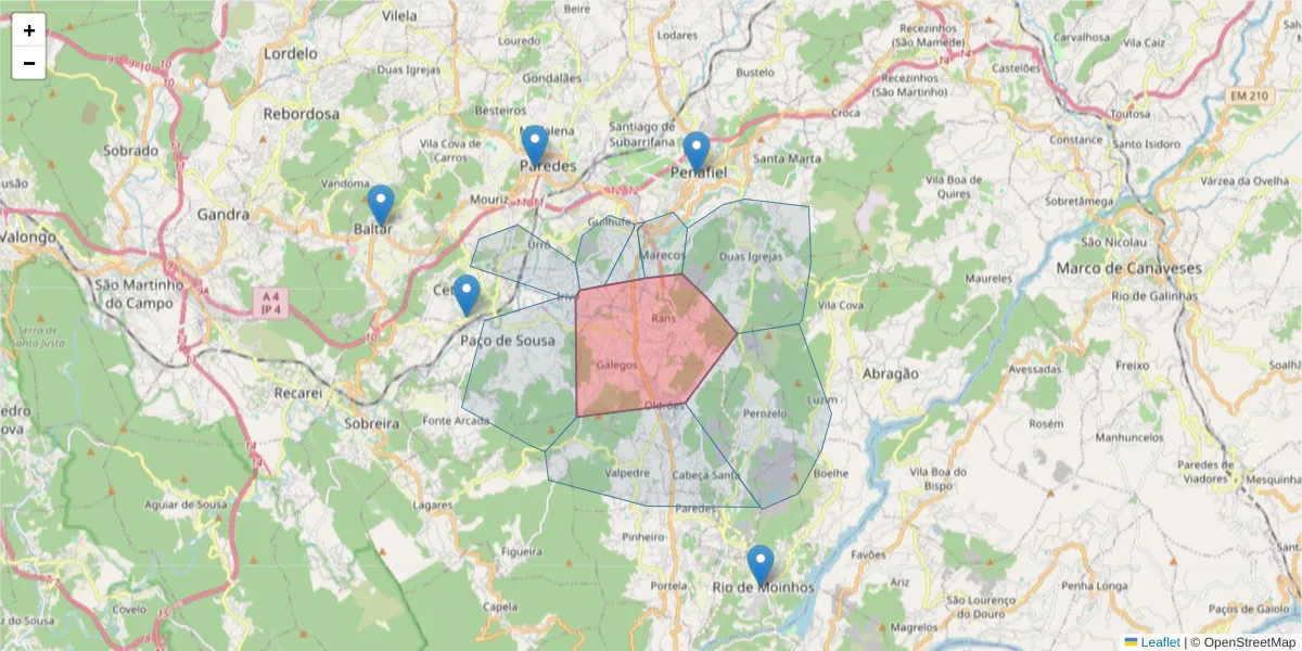 Mapa detalhado do código postal 4560-755 com limites, códigos postais vizinhos e agências dos correios