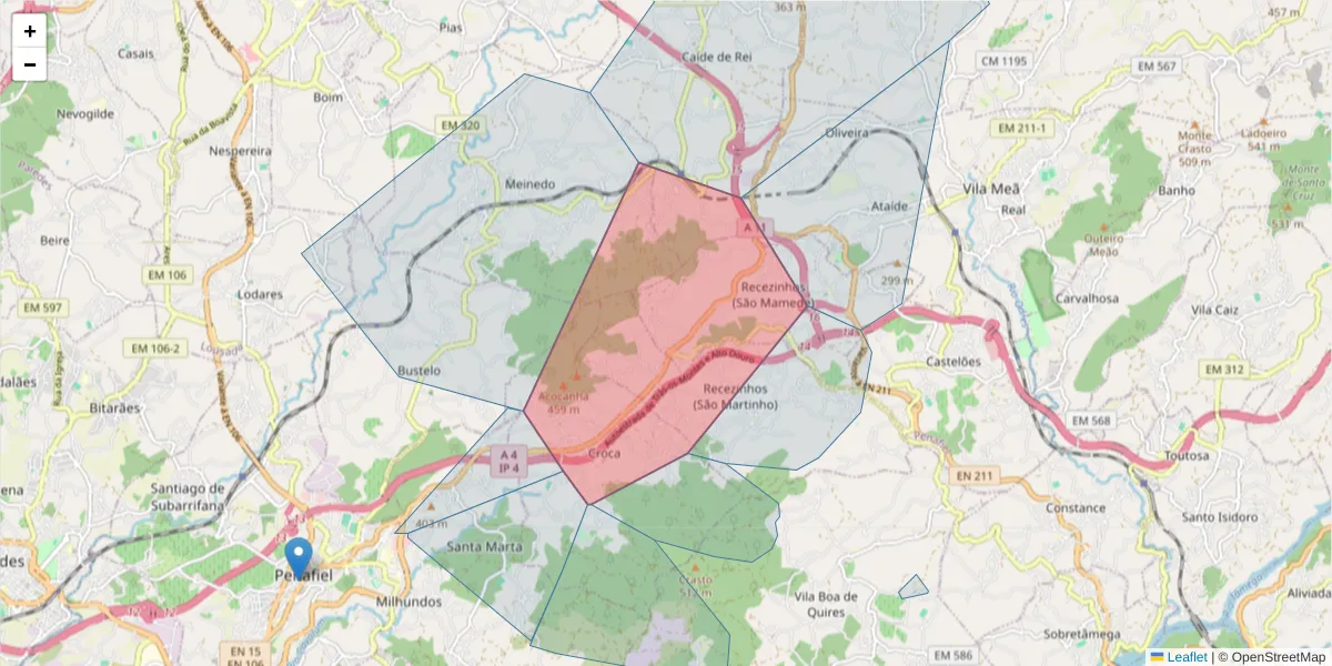 Mapa detalhado do código postal 4560-800 com limites, códigos postais vizinhos e agências dos correios