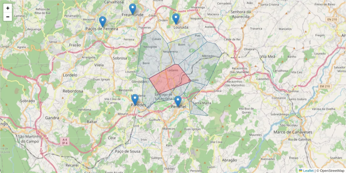Mapa detalhado do código postal 4560 com limites, códigos postais vizinhos e agências dos correios