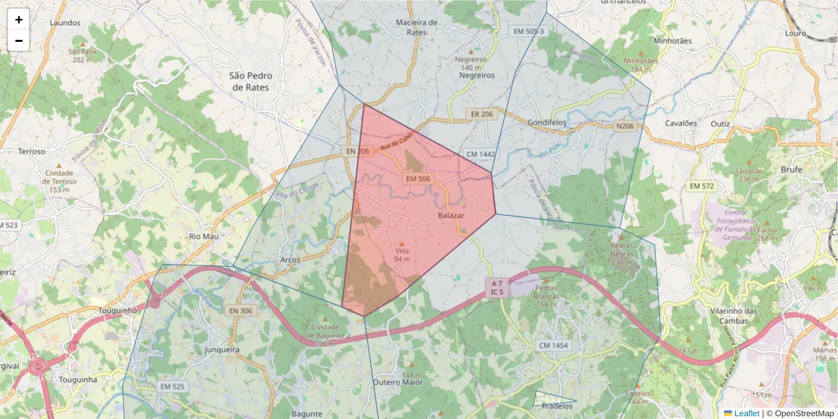 Mapa detalhado do código postal 4570-029 com limites, códigos postais vizinhos e agências dos correios