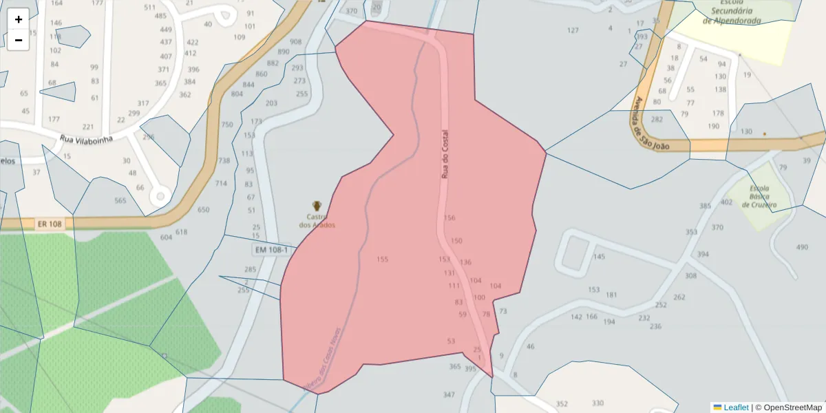 Mapa detalhado do código postal 4575-005 com limites, códigos postais vizinhos e agências dos correios