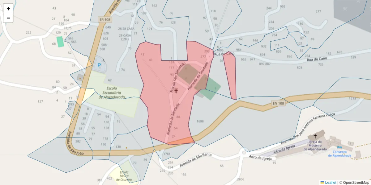 Mapa detalhado do código postal 4575-018 com limites, códigos postais vizinhos e agências dos correios