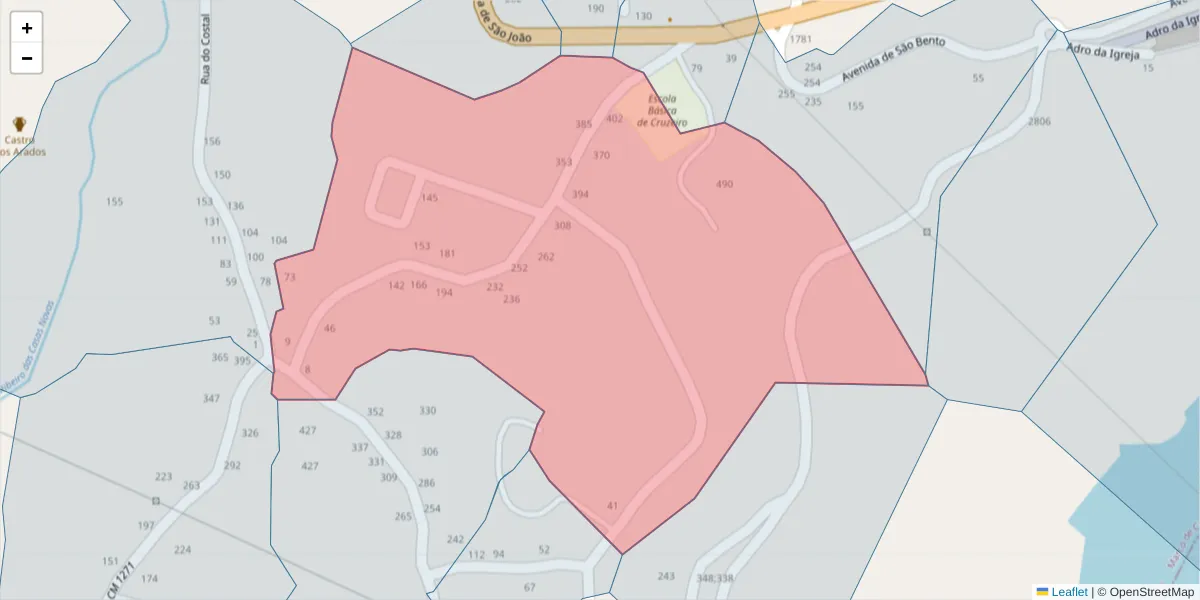 Mapa detalhado do código postal 4575-020 com limites, códigos postais vizinhos e agências dos correios
