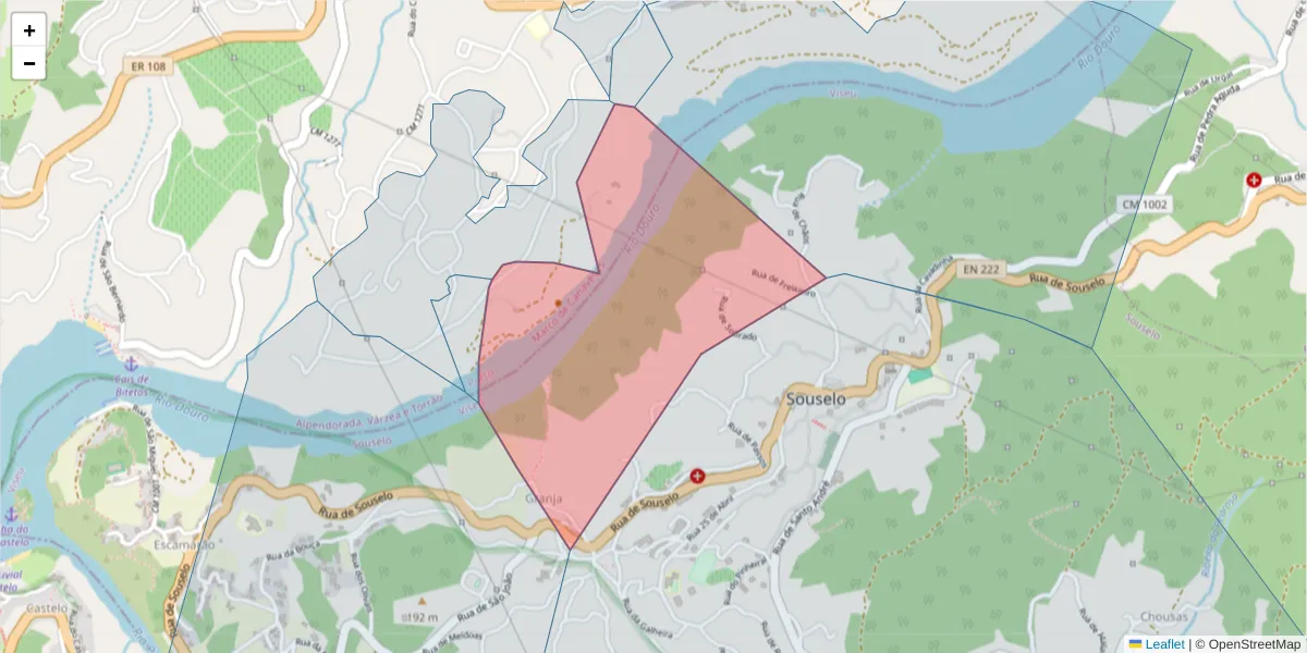 Mapa detalhado do código postal 4575-024 com limites, códigos postais vizinhos e agências dos correios