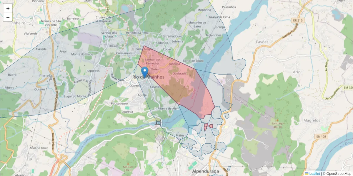 Mapa detalhado do código postal 4575-033 com limites, códigos postais vizinhos e agências dos correios