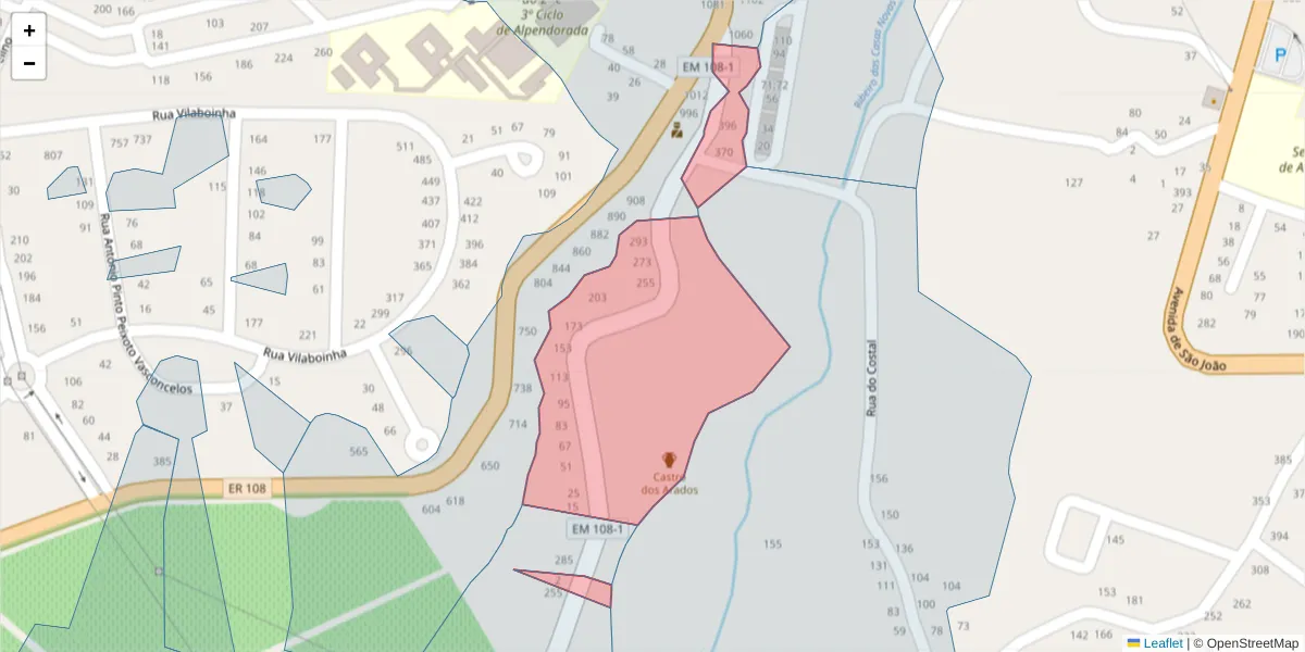 Mapa detalhado do código postal 4575-065 com limites, códigos postais vizinhos e agências dos correios