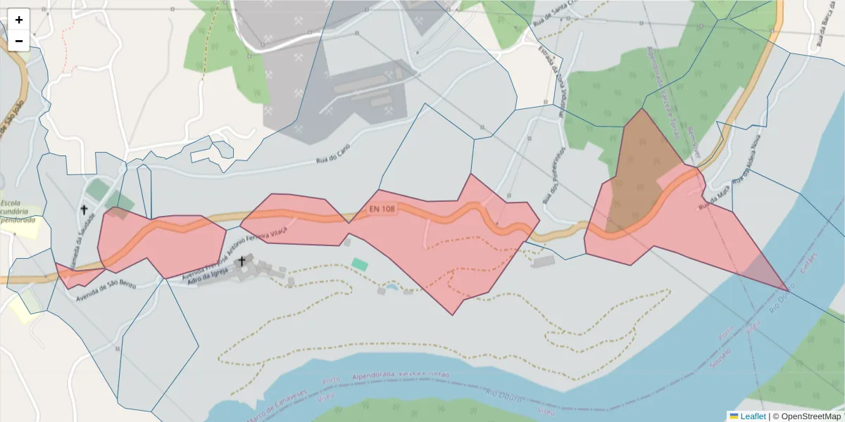 Mapa detalhado do código postal 4575-070 com limites, códigos postais vizinhos e agências dos correios