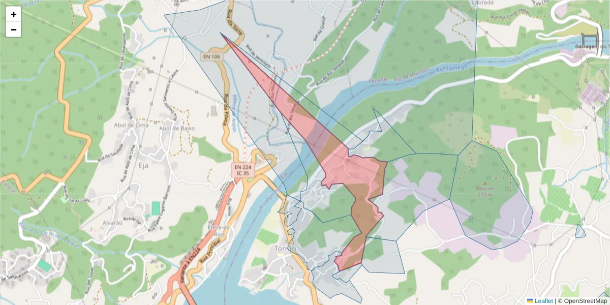 Mapa detalhado do código postal 4575-333 com limites, códigos postais vizinhos e agências dos correios